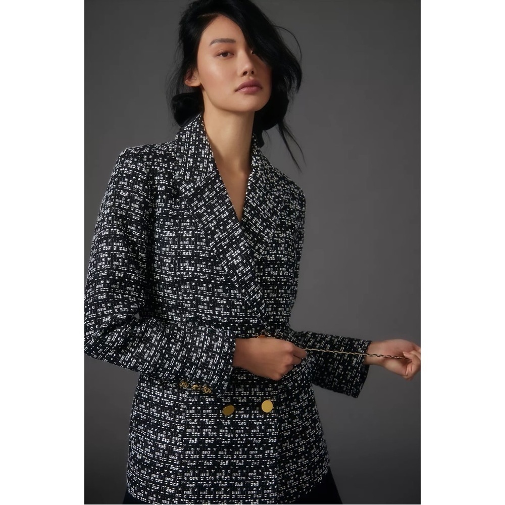 Anthropologie Black Tweed Double Breasted Blazer Jacket Large NWT